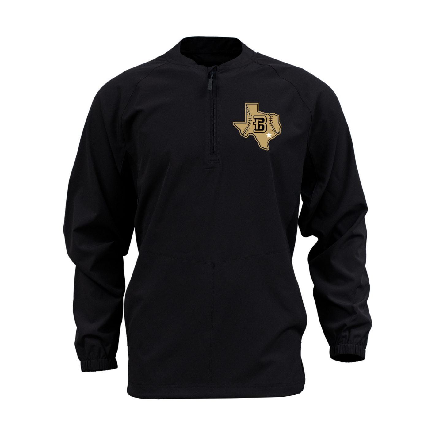 Black Bison Baseball quarter-zip cage jacket with gold Texas B logo