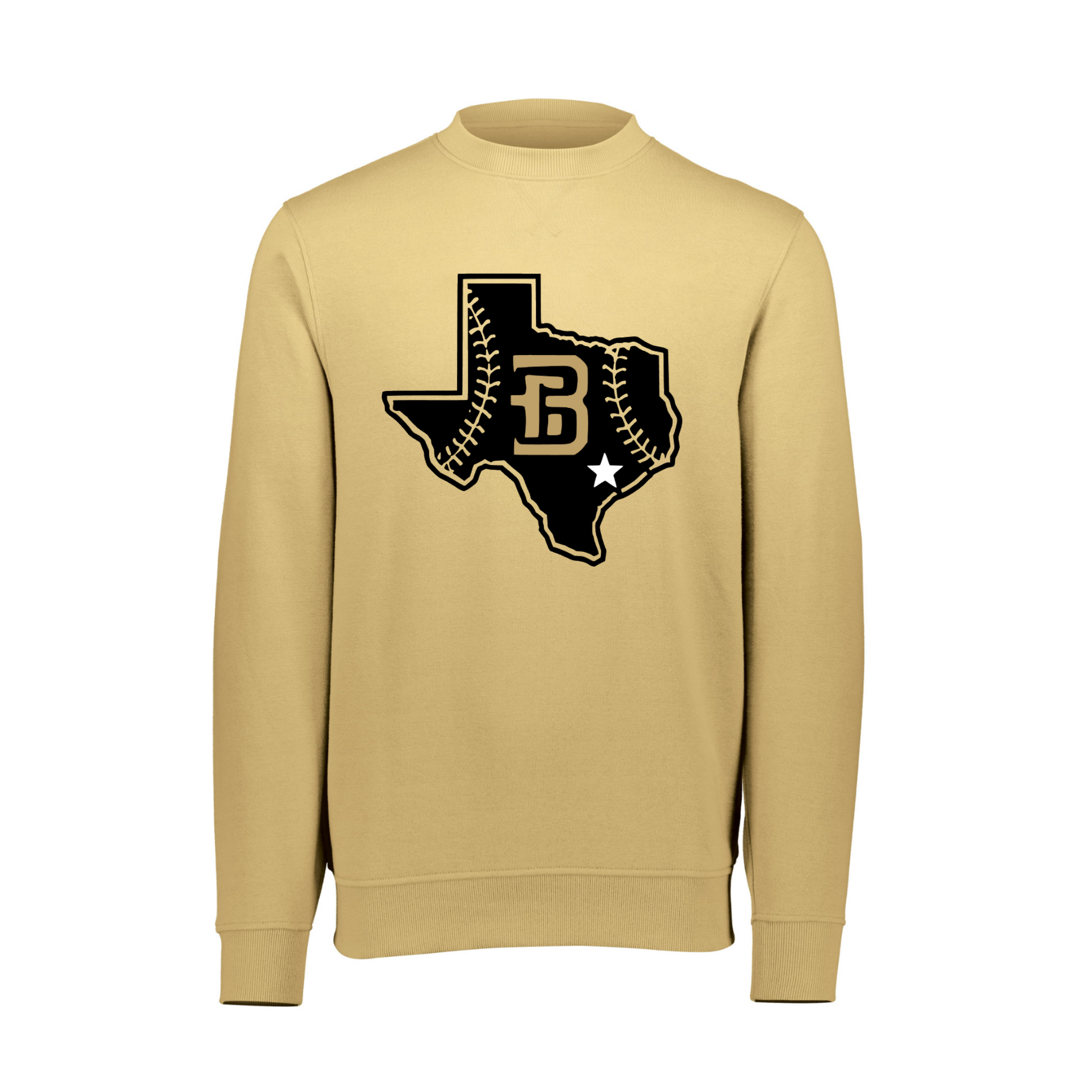 Vegas gold Bison Baseball crewneck sweatshirt with Texas baseball graphic and B logo