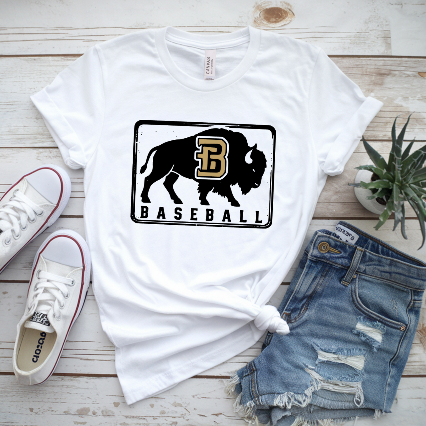 White Bison Baseball T-shirt with black buffalo silhouette and Vegas gold B logo
