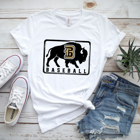 White Bison Baseball T-shirt with black buffalo silhouette and Vegas gold B logo