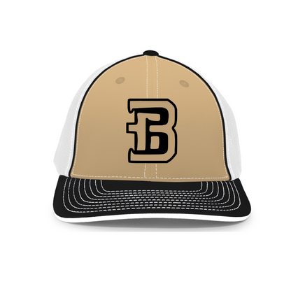 Bison Baseball Vegas gold black and white trucker hat with embroidered B logo