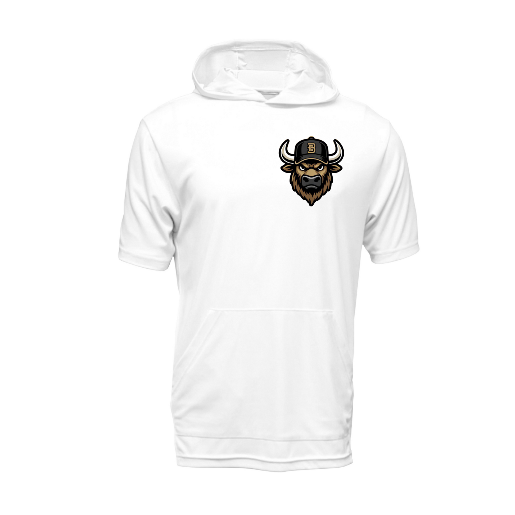 White Bison Baseball short sleeve performance hoodie with Bison mascot logo on left chest