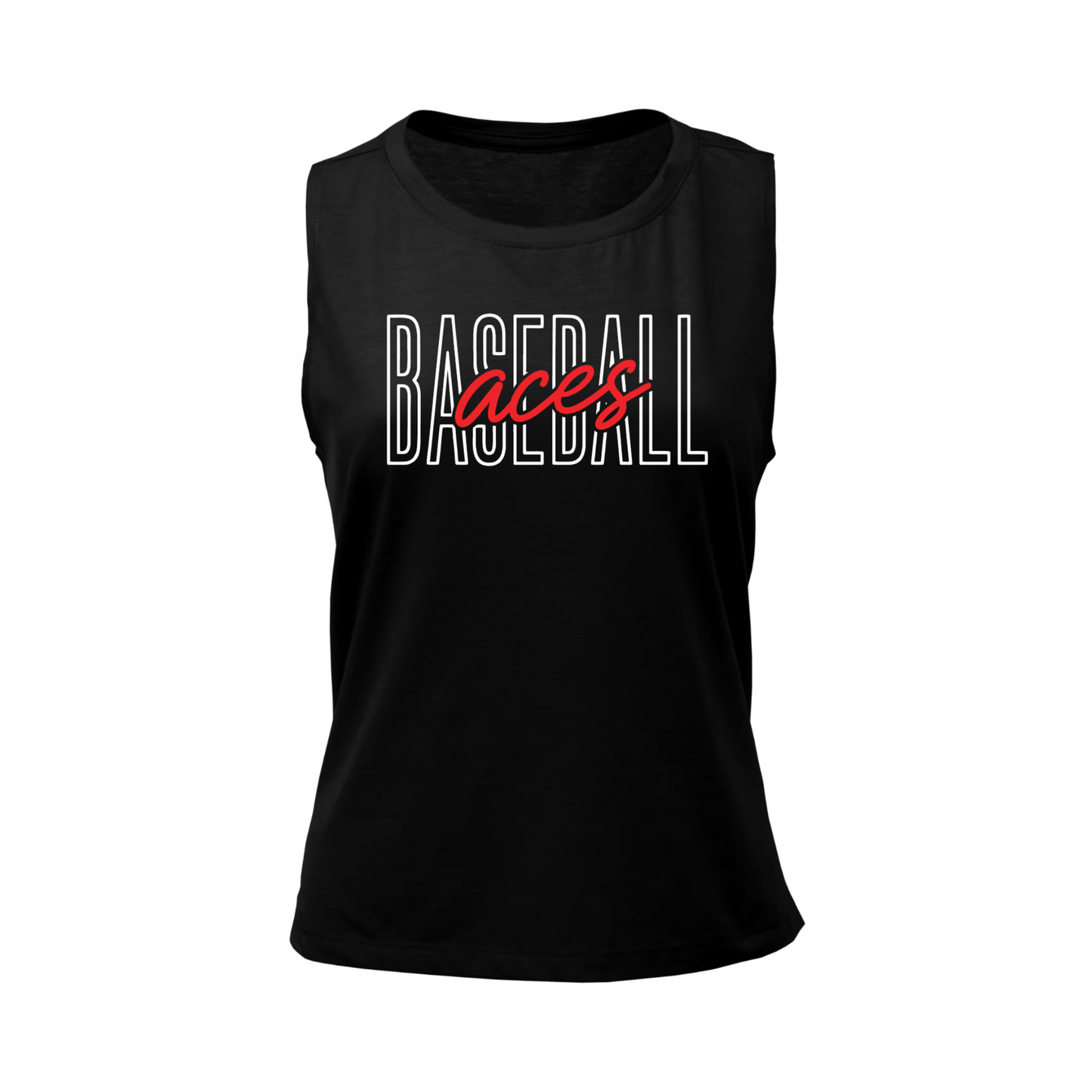 Black Aces Baseball women’s tank top with white Baseball lettering and red Aces script