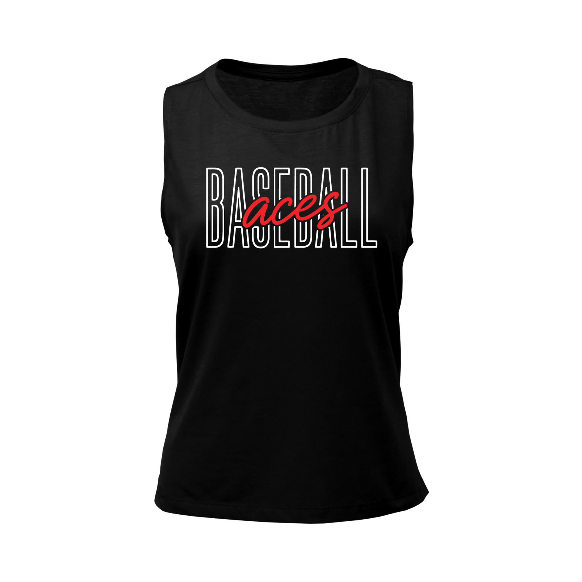 Black Aces Baseball women’s tank top with white Baseball lettering and red Aces script