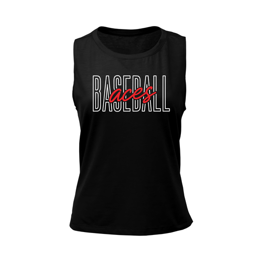 Black Aces Baseball women’s tank top with white Baseball lettering and red Aces script