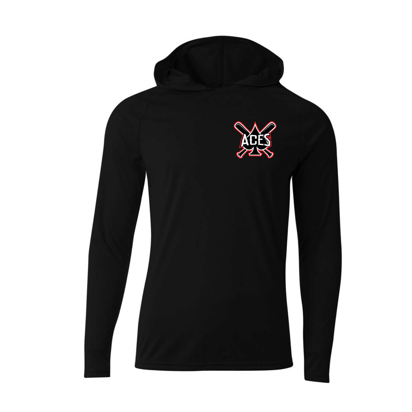 Black Aces Baseball long sleeve performance hoodie with red white and black crossed bats left chest logo