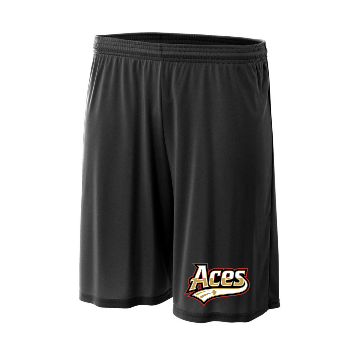 Black athletic shorts with an elastic waistband and a stylized 'Aces' logo printed on the lower left leg, shown against a plain white background.