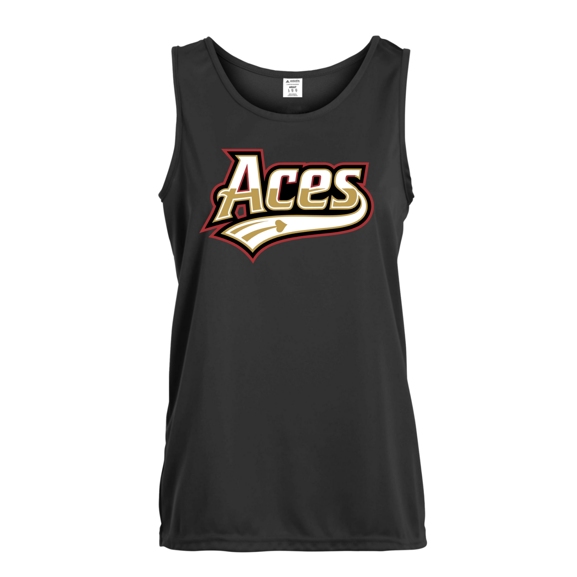 A black sleeveless tank top featuring a stylized 'Aces' graphic on the chest in gold, white, and red, displayed on a clean white background.