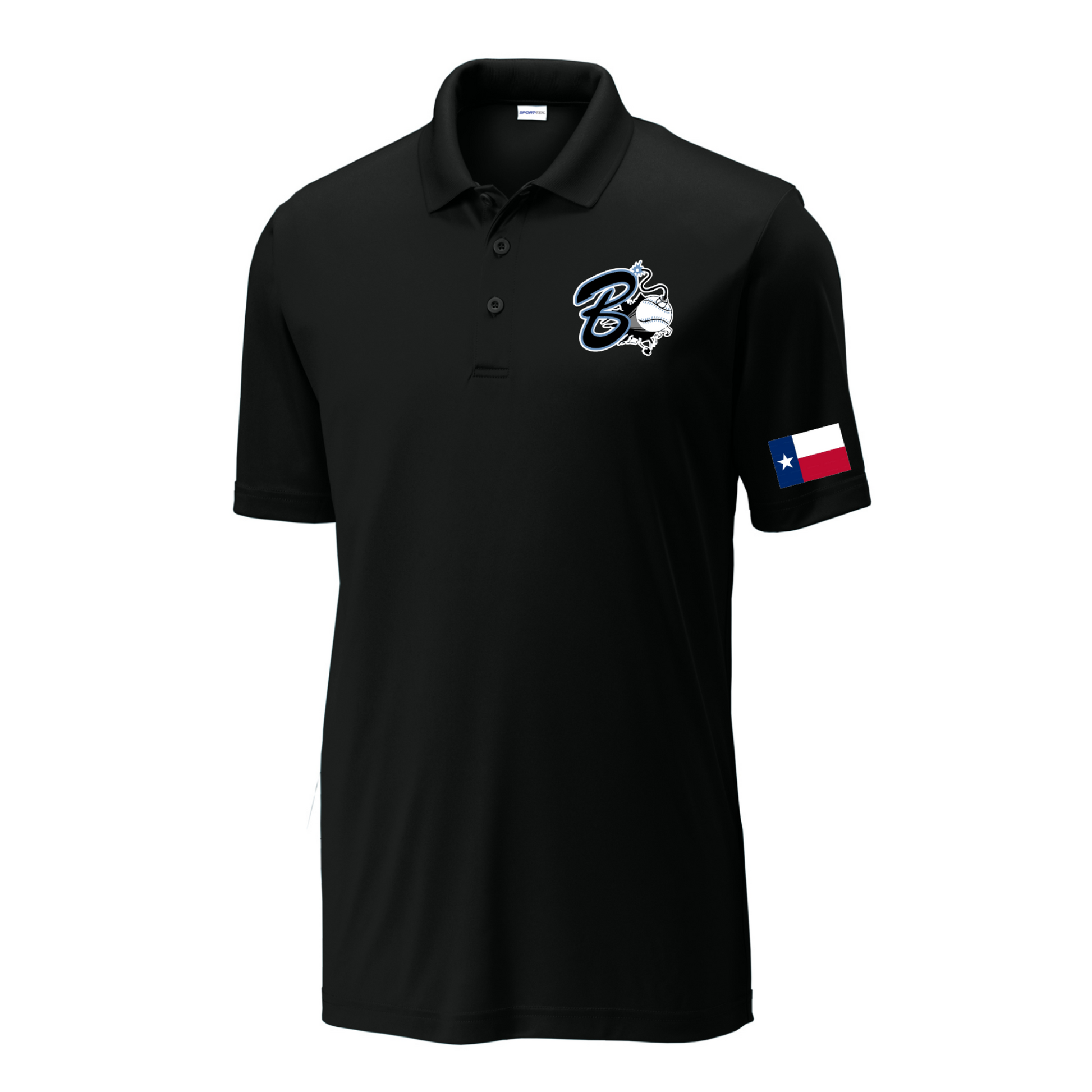 Black polo shirt with logo and Texas flag on sleeve against a white background