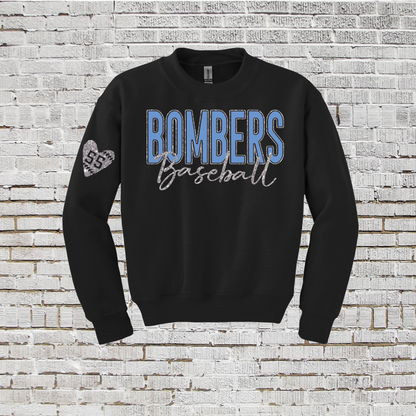 Crewneck Glitter Bombers Baseball Sweatshirt, Black Bombers Sweatshirt, White Bombers Sweatshirt, Blue Bombers Sweatshirt