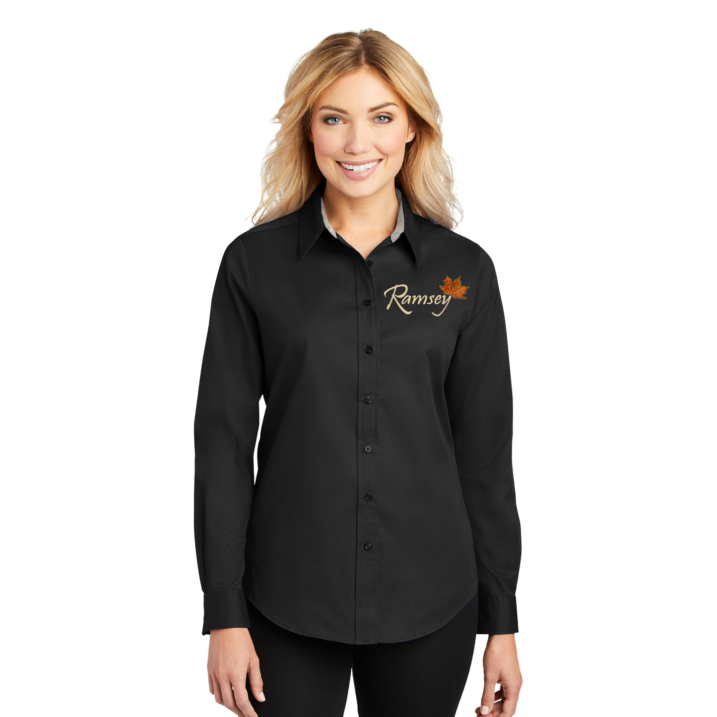 Ramsey Womens Button Down Shirt, Ramsey Funeral Home Long Sleeve Shirt