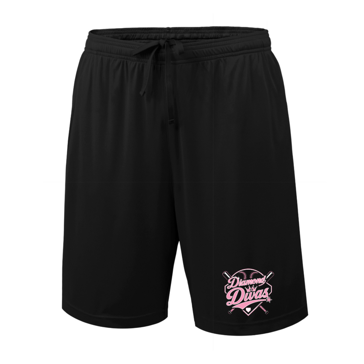 Black athletic shorts with a pink and white 'Diamond Divas' graphic on the lower left leg, featuring an elastic waistband and drawstring.