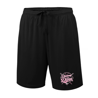 Black athletic shorts with a pink and white 'Diamond Divas' graphic on the lower left leg, featuring an elastic waistband and drawstring.