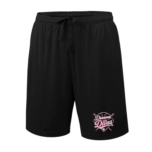 Black athletic shorts with a pink and white 'Diamond Divas' graphic on the lower left leg, featuring an elastic waistband and drawstring.