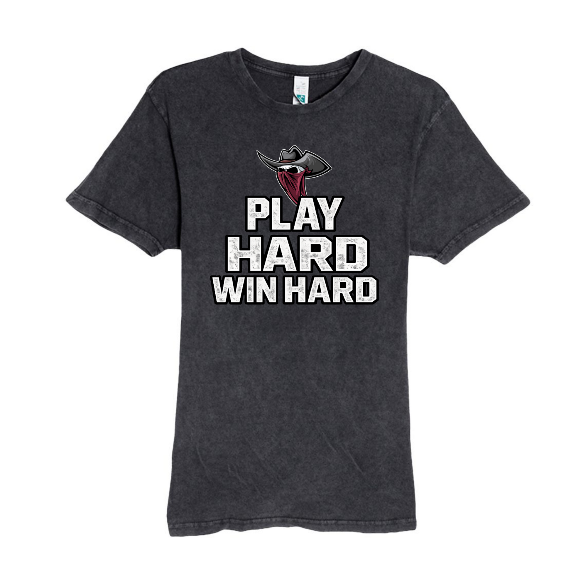Black t-shirt with 'Play Hard Win Hard' text and logo on a white background