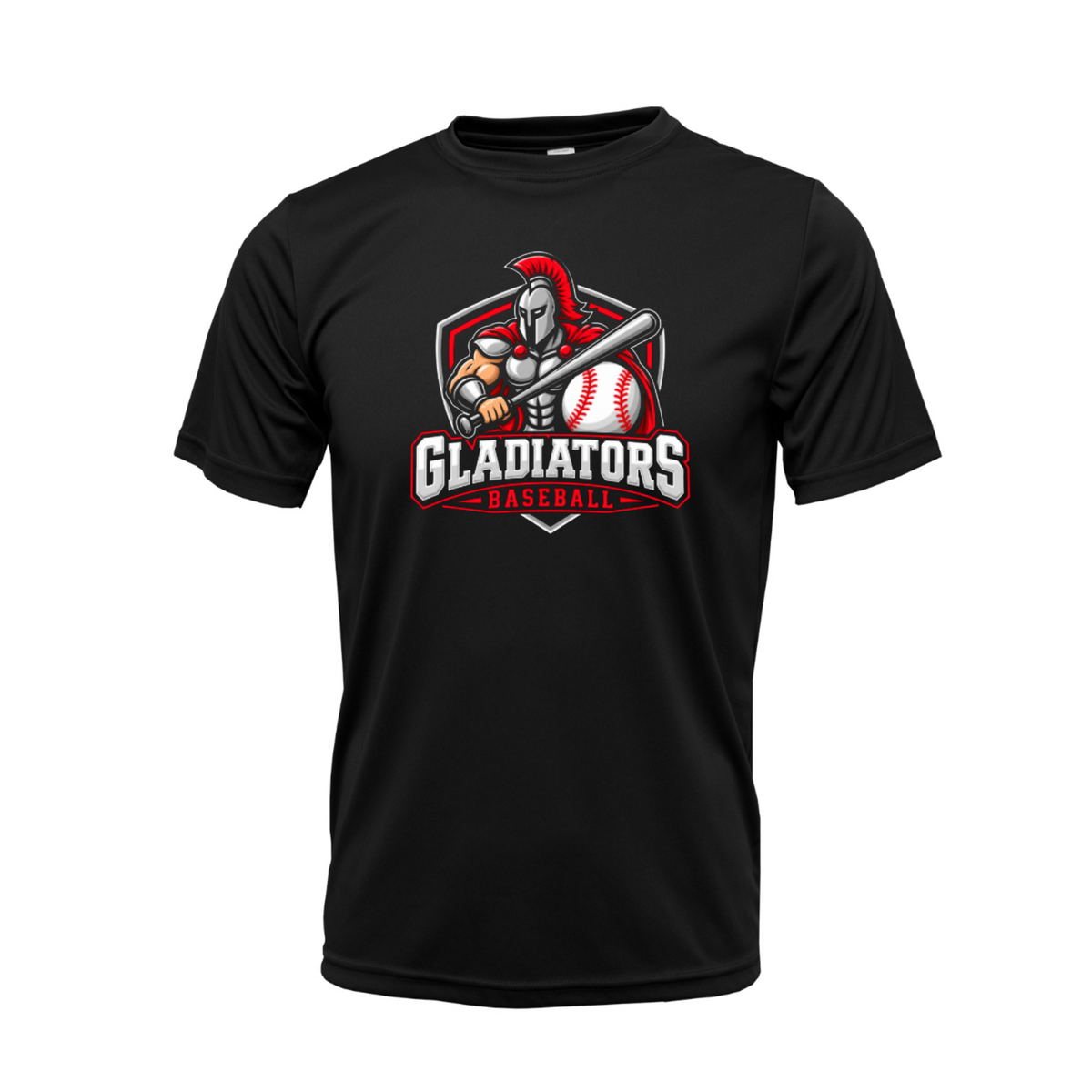 Black GTX Gladiators Baseball team shirt featuring a gladiator holding a bat beside a baseball in red, white, and gray.