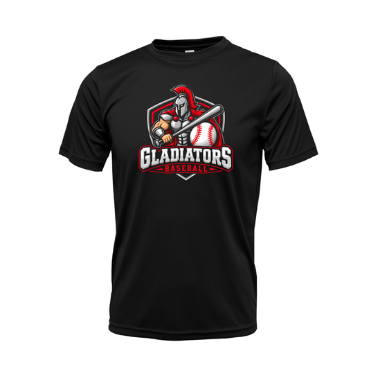 Black GTX Gladiators Baseball team shirt featuring a gladiator holding a bat beside a baseball in red, white, and gray.
