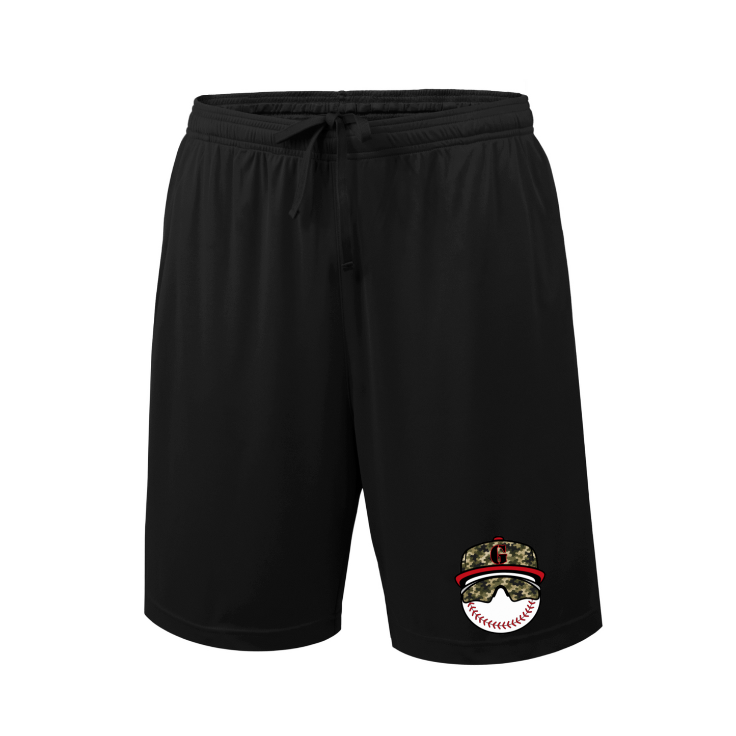 Black Gunners Baseball performance shorts with camo baseball character logo