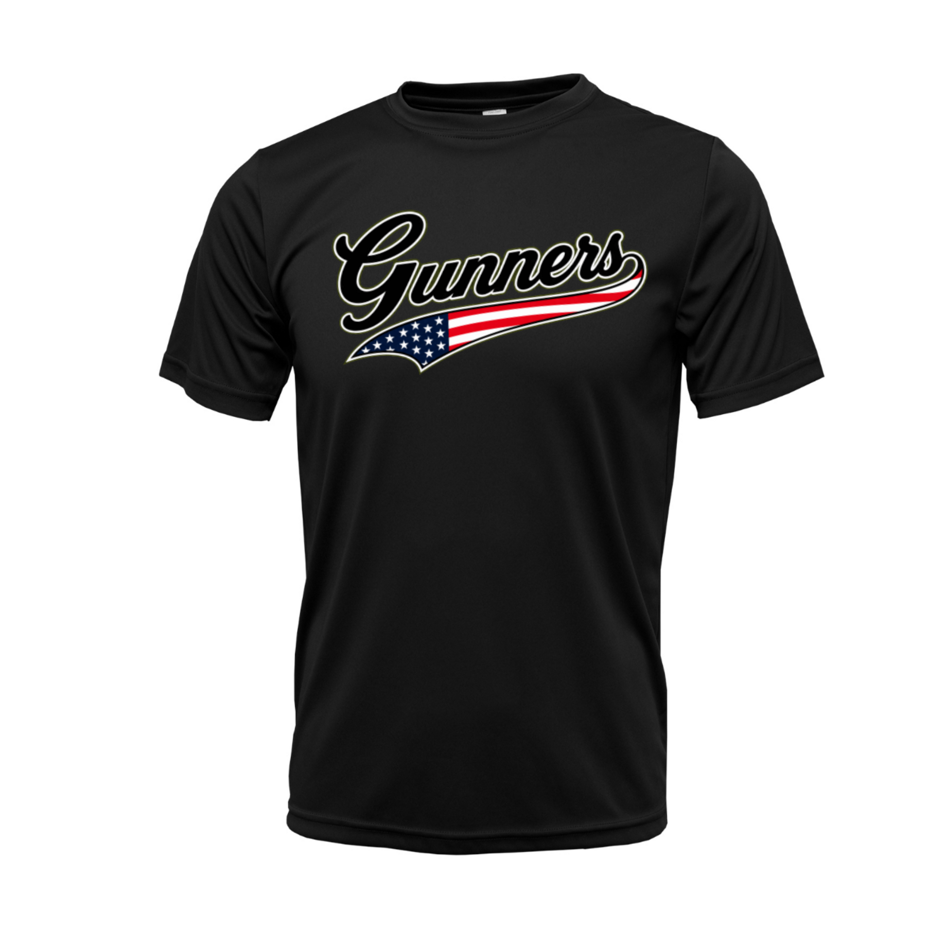 Gunnars Baseball patriotic black performance tee with American flag logo