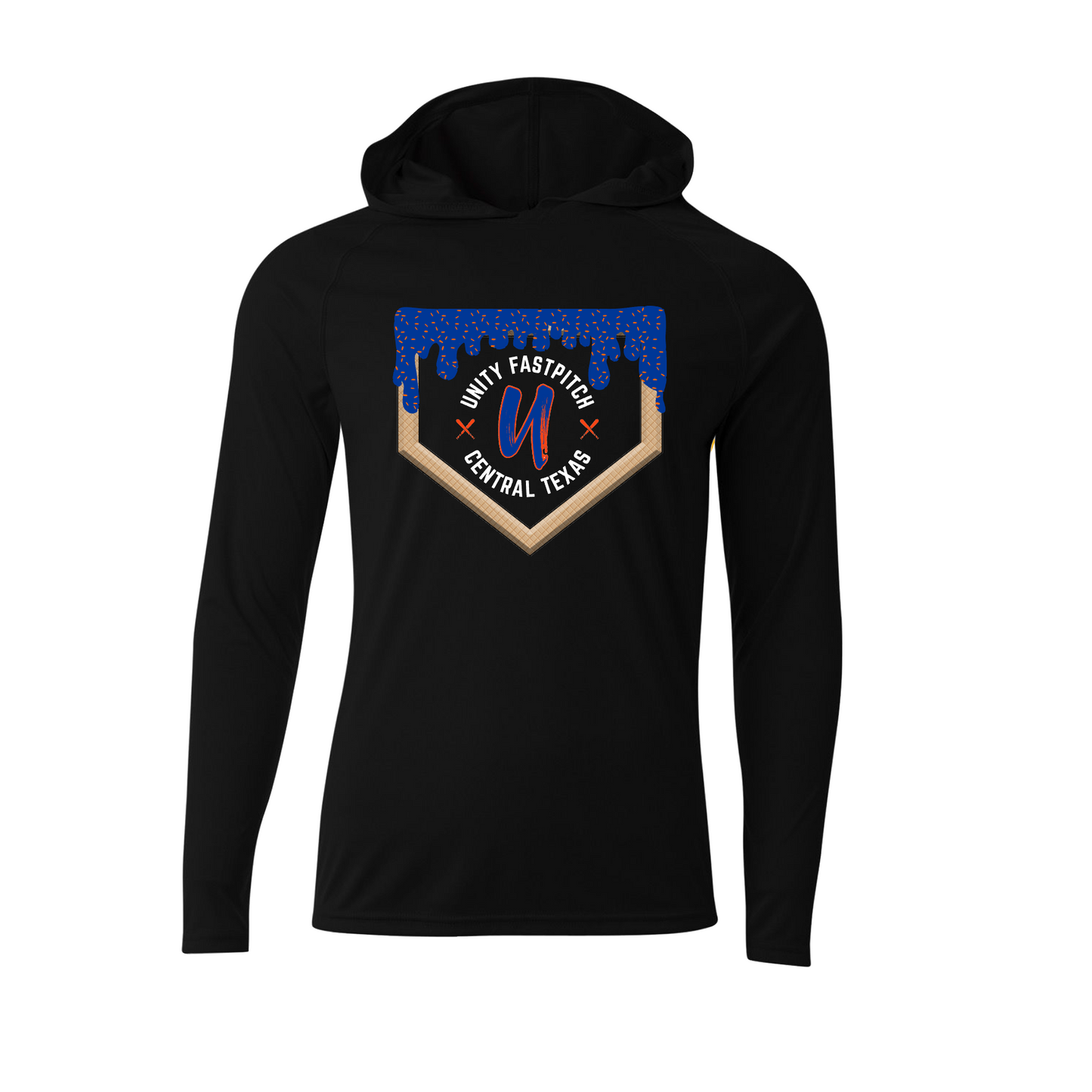 Unity Fastpitch Black Long Sleeve Hooded Shirt – Ice Cream Drip Logo | Performance Softball Hoodie