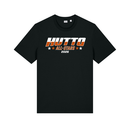 Black t-shirt with 'Hutto All-Stars 2026' text on a white background