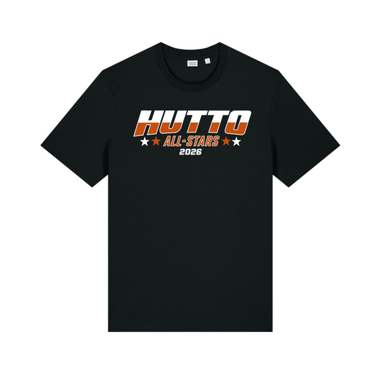Black t-shirt with 'Hutto All-Stars 2026' text on a white background