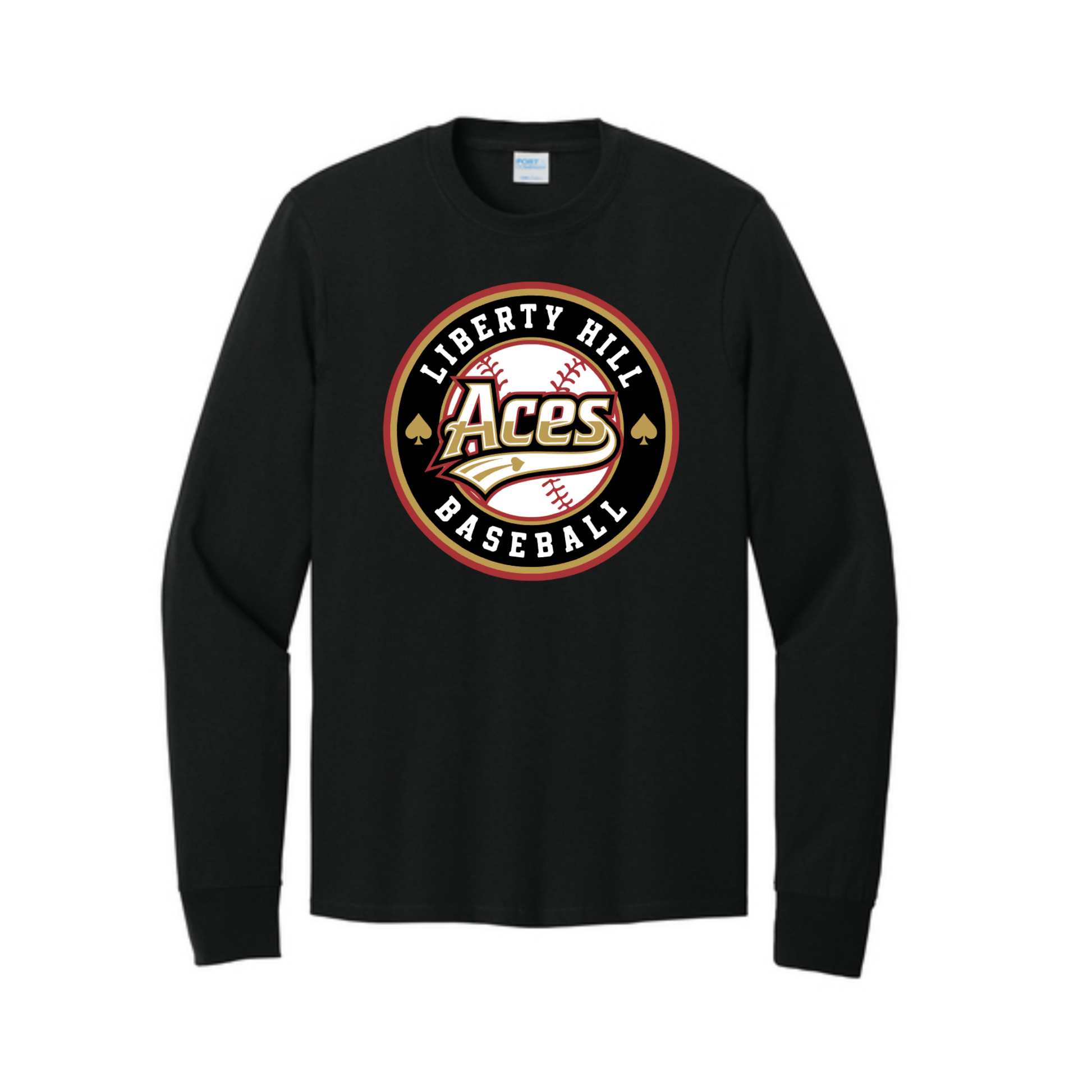 A black long-sleeve crewneck t-shirt featuring a circular 'Liberty Hill Aces Baseball' graphic on the chest, displayed against a solid white background.