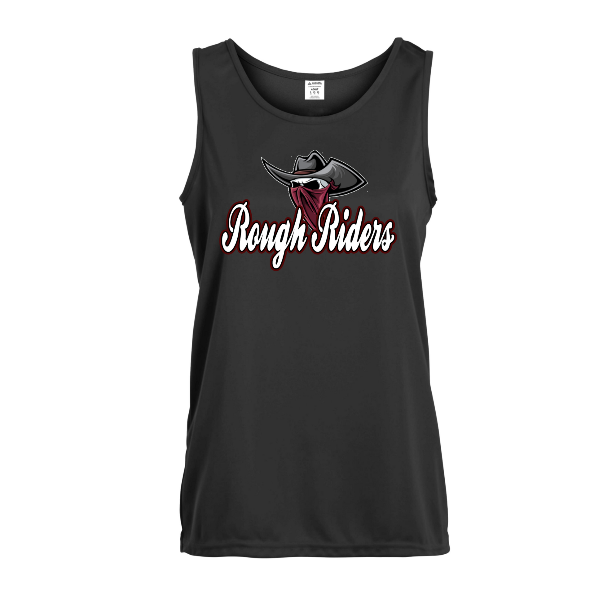 Black tank top with 'Rough Riders' logo on a white background