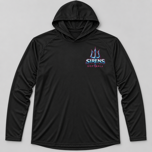 A black long-sleeve athletic hoodie with a drawstring hood, featuring a 'SIRENS SOFTBALL' logo printed on the left chest in blue, white, and pink, displayed on a neutral gray background.