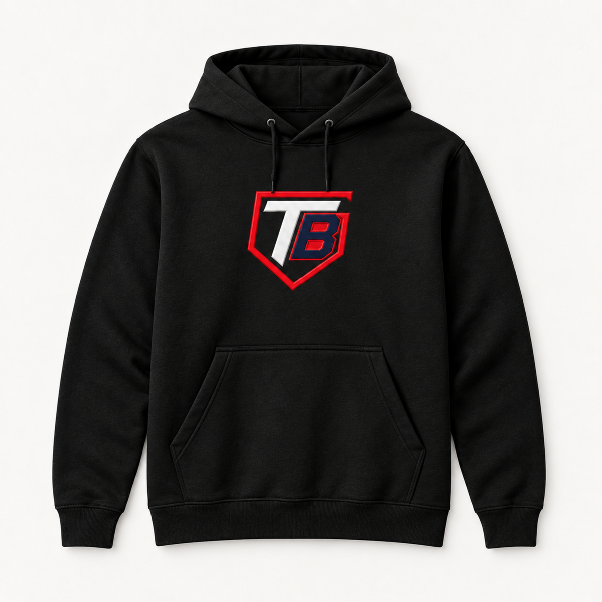 A black pullover hoodie with a front kangaroo pocket and drawstrings, featuring a red and white shield-style 'TB' logo on the chest, displayed against a light gray background.