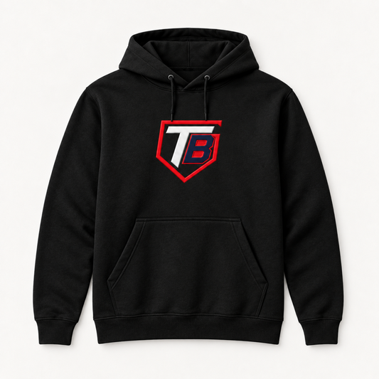 A black pullover hoodie with a front kangaroo pocket and drawstrings, featuring a red and white shield-style 'TB' logo on the chest, displayed against a light gray background.