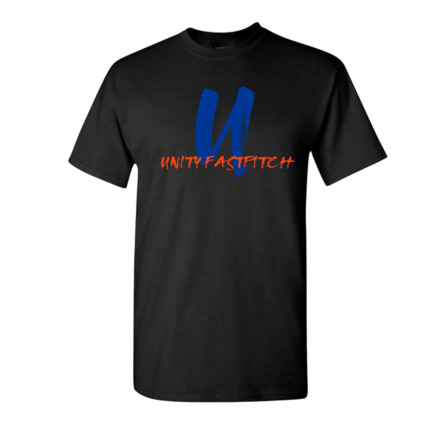 Black t-shirt with blue and orange 'Unity Fastpitch' text on a white background