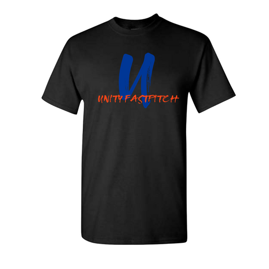 Black t-shirt with blue and orange 'Unity Fastpitch' text on a white background