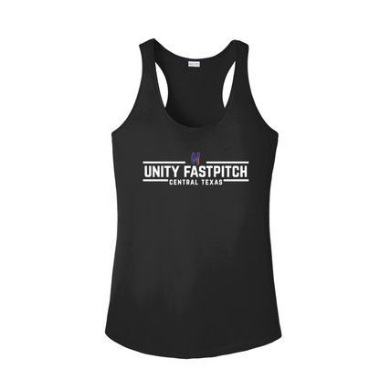 Black tank top with 'Unity Fastpitch Central Texas' text on a white background