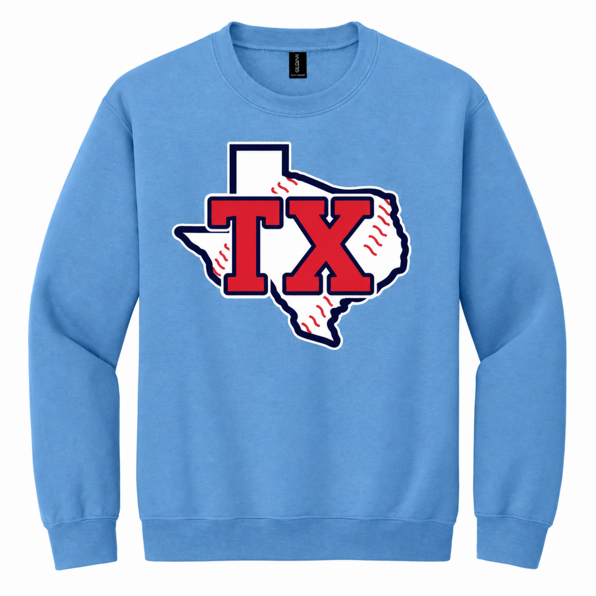A light blue crewneck sweatshirt featuring a graphic of the state of Texas filled with a baseball pattern and overlaid with the letters 'TX' in red.