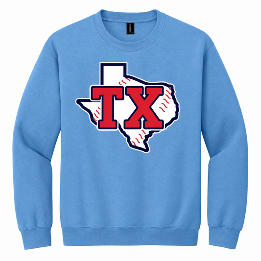 A light blue crewneck sweatshirt featuring a graphic of the state of Texas filled with a baseball pattern and overlaid with the letters 'TX' in red.