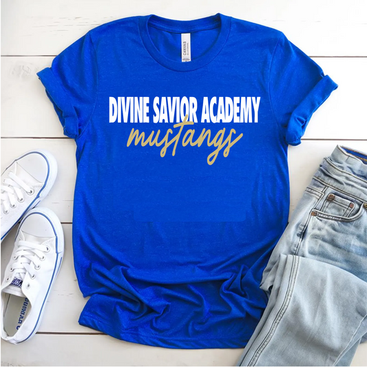 Divine Saviors Academy Tee, DSA Mustangs Shirt, Royal Blue Divine Saviors Tee