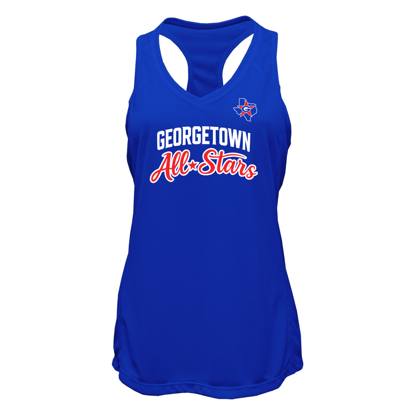 Blue tank top with 'Georgetown All-Stars' text on a white background