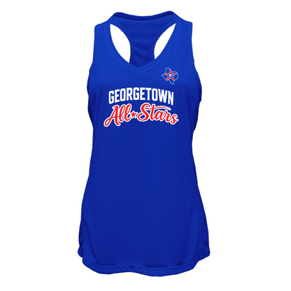 Blue tank top with 'Georgetown All-Stars' text on a white background