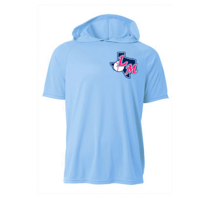 A light blue short-sleeve hooded shirt with a Texas-shaped 'LM' baseball logo on the left chest, displayed on a solid white background.
