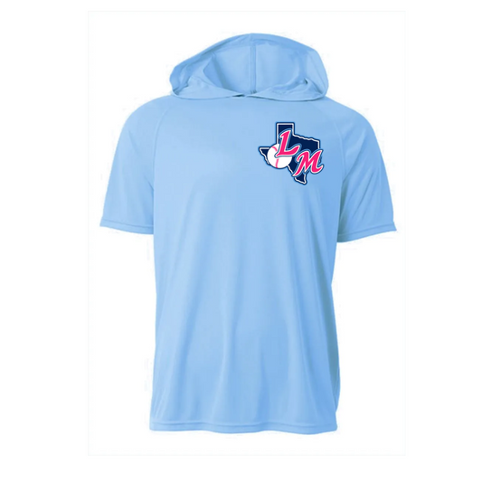 A light blue short-sleeve hooded shirt with a Texas-shaped 'LM' baseball logo on the left chest, displayed on a solid white background.
