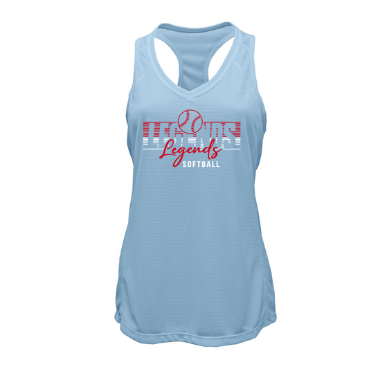 Light blue Legends Softball women’s performance racerback tank with red and white softball design