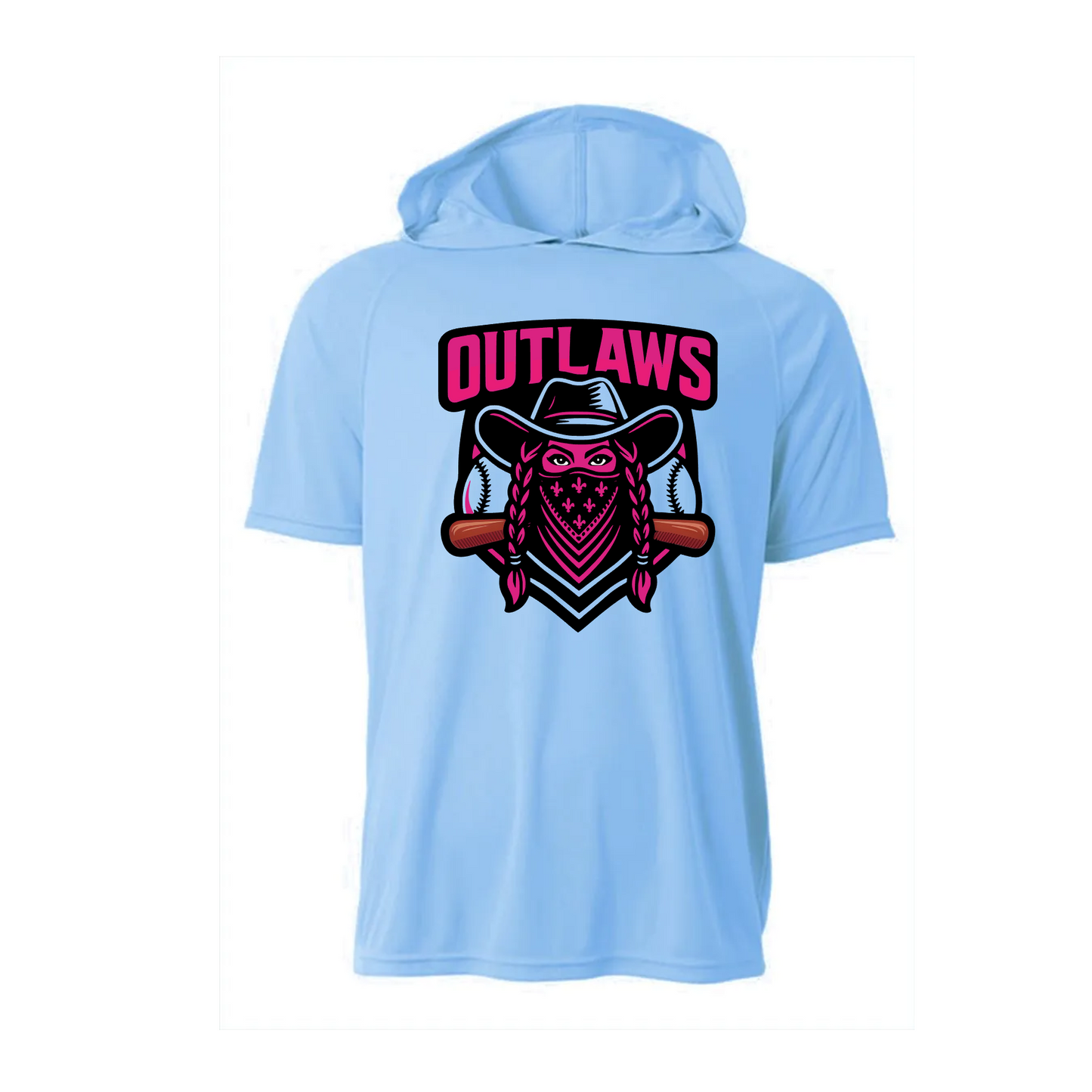 Blue Outlaws Softball Hooded Performance Tee | Outlaws Softball Lightweight Short Sleeve Hoodie | Game Day Softball Spirit Shirt