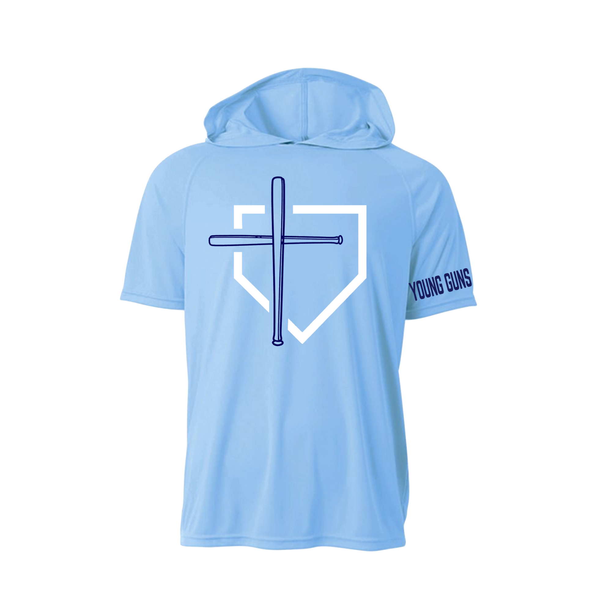 A light blue short-sleeve hooded shirt shown from the back, featuring a large white home plate outline with a dark blue cross and baseball bat graphic in the center, and the words 'YOUNG GUNS' printed in dark blue on the right sleeve.