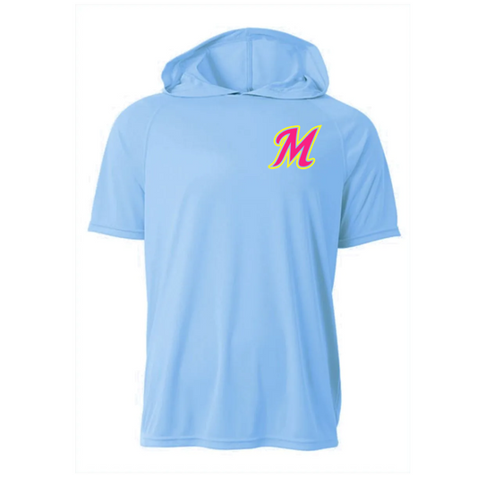 Light blue hoodie with a yellow 'M' logo on a white background