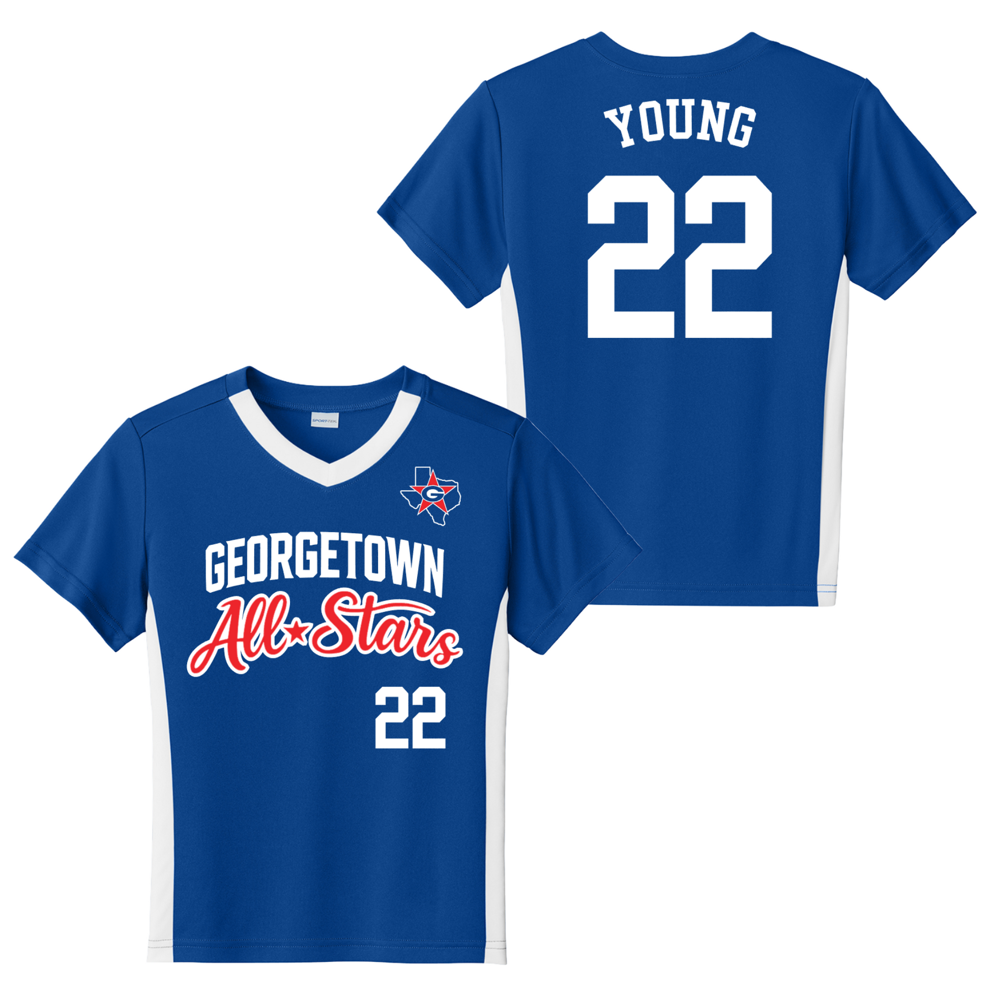 Blue t-shirt with 'Georgetown All-Stars' and number 22 on a white background