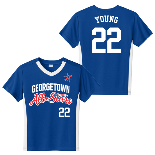 Blue t-shirt with 'Georgetown All-Stars' and number 22 on a white background