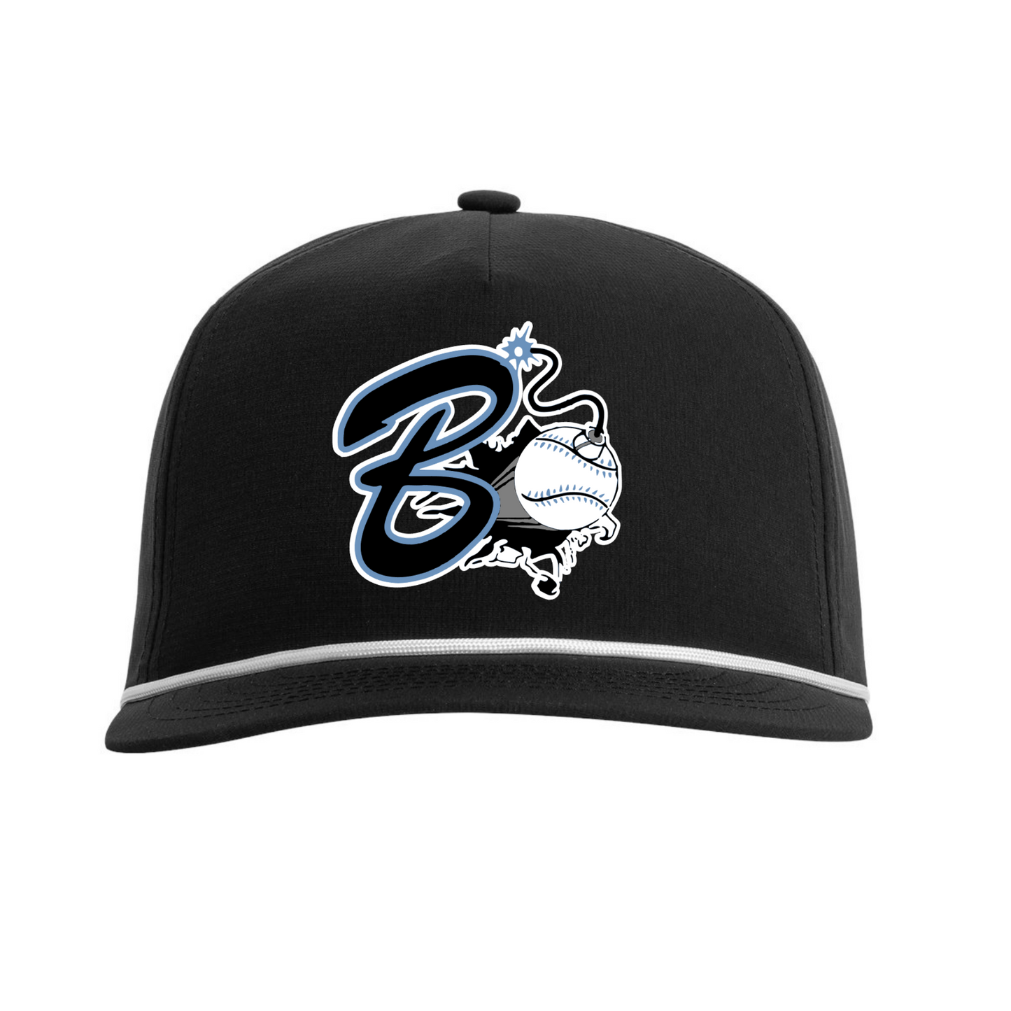 A black baseball cap featuring a custom embroidered logo on the front with a stylized blue and white letter 'B' and a baseball mascot, plus a thin white stripe on the visor.