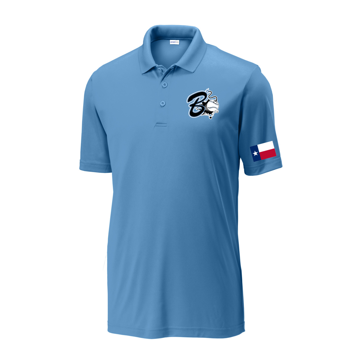 Blue polo shirt with a logo and flag on a white background