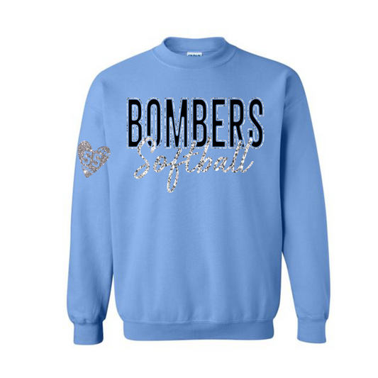 Blue Glitter Bombers Softball Crewneck Sweatshirt, Carolina Blue Bombers Sweatshirt